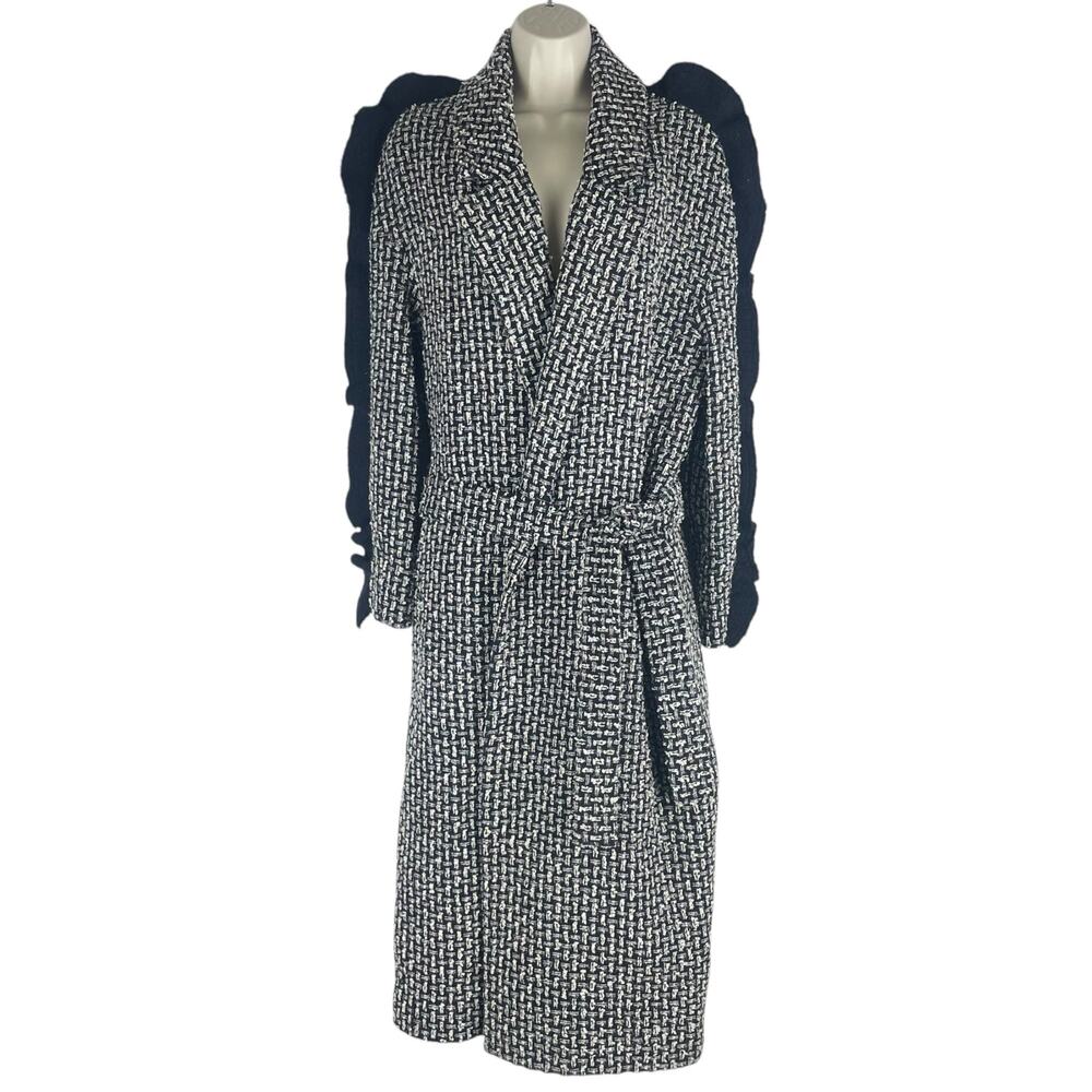 Mother of Pearl Bexley Tweed Ruffle Sleeve Belt Wool Coat Navy Size M
